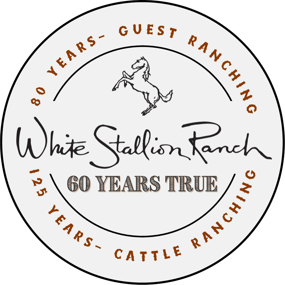 White Stallion ranch 60th Logo with text: 80 years of Guest Ranching, 125 years of Cattle Ranching and 60 years True