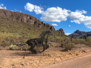 metal horse set in front of tucson mountains mid day sun and blue sky